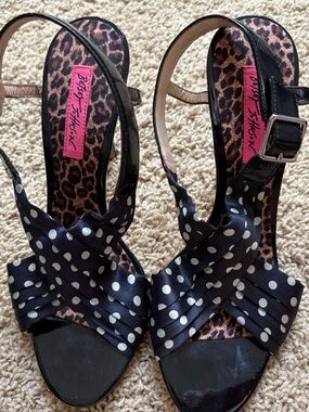 Betsey Johnson Black Polka Dot Bow Slingback Heeled Sandals